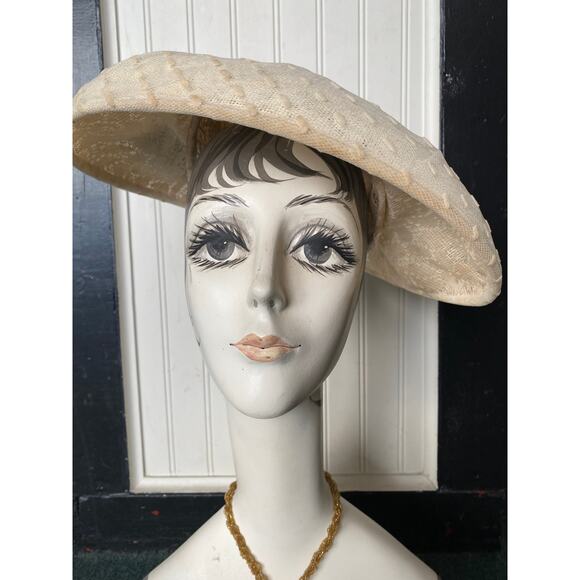 vintage 1950s cream platter hat flocked swiss dot 50s saucer crochet wide brim main image 6